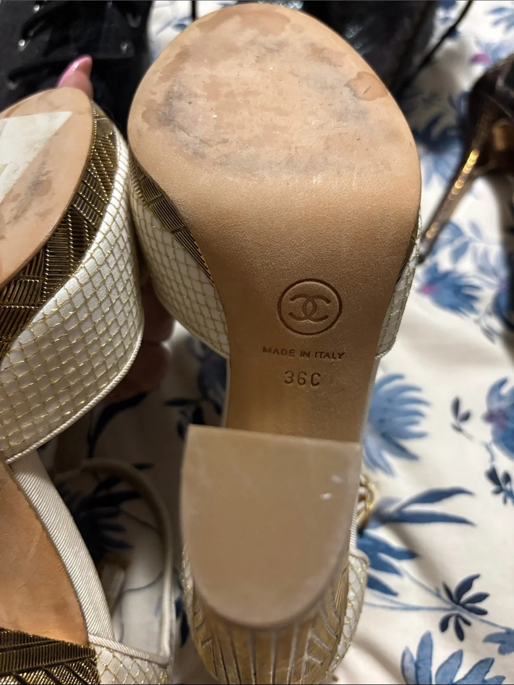 CHANEL Cream and Gold Camellia Ankle-Strap Heels